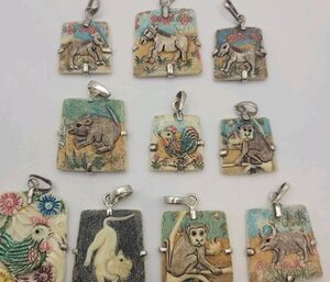 Vintage Hand-Carved Bone Chinese Zodiac Pendant Lot 10pc Sterling Silver READ